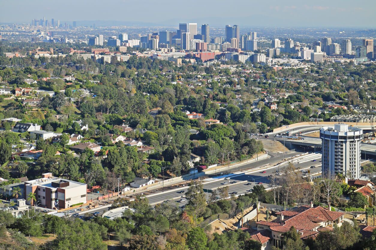 Aerial view of westridge, Los Angeles showcasing local neighborhoods and medical centers providing senior care, cancer screening, and chemotherapy support.