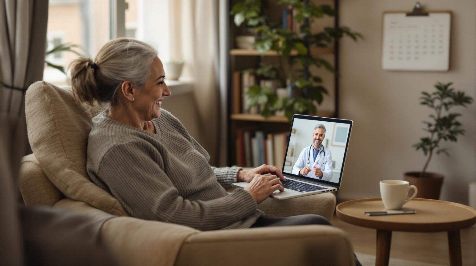 Smiling senior woman having an online video consultation with her doctor, representing telehealth and virtual healthcare access for seniors.
