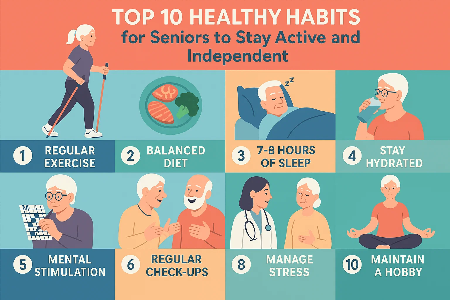 Infographic of the top 10 healthy habits for seniors to stay active and independent – exercise, diet, sleep, hydration, and mental wellness.