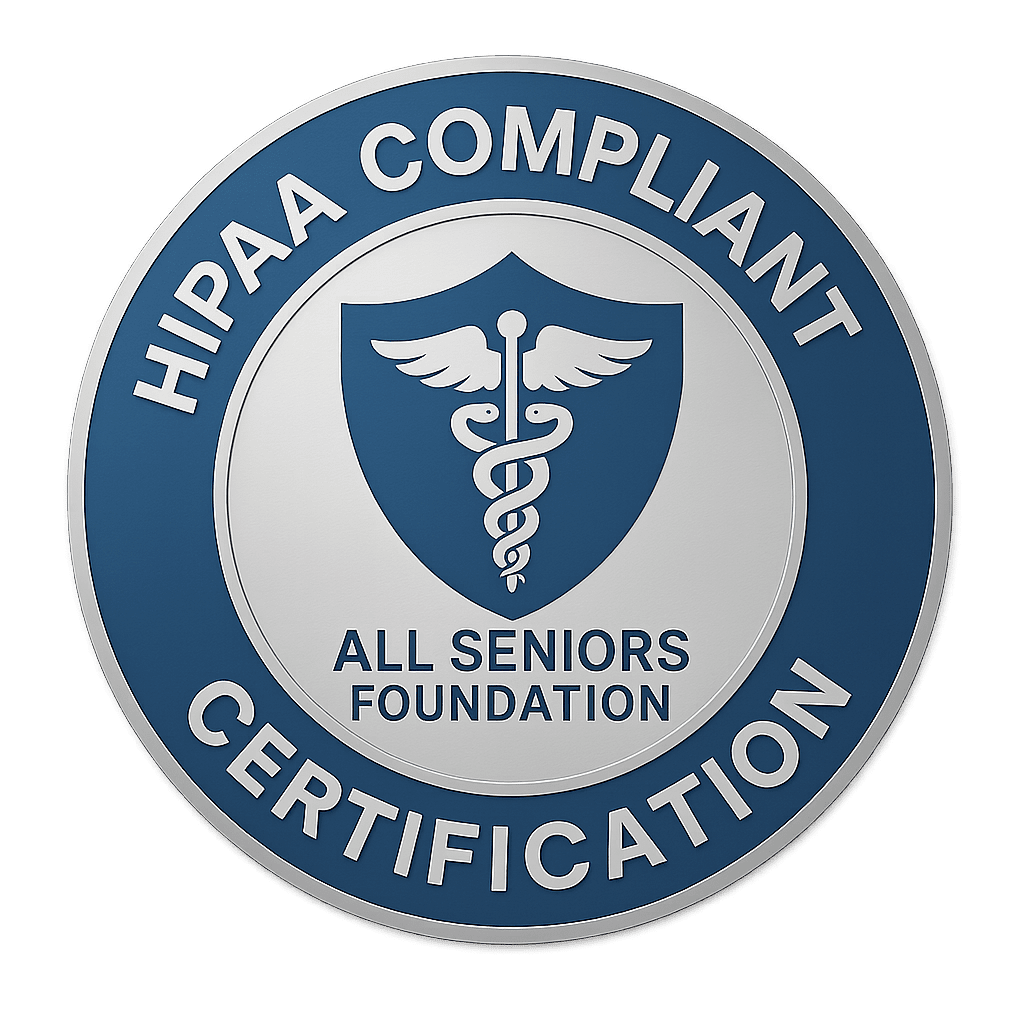 HIPAA Compliant Certification badge with medical cross and lock symbol representing All Seniors Foundation’s data protection and privacy commitment.