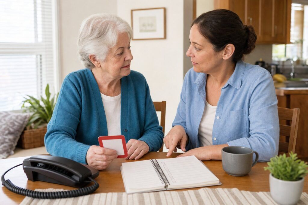 Older adult and caregiver calmly discussing senior support options at home with a phone nearby