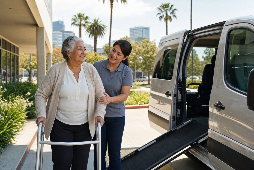 Older adult with a walker near an accessible van and supportive caregiver in Los Angeles