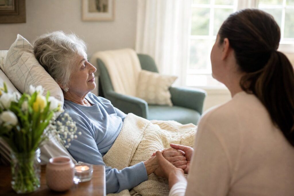 Family member holding an older adult hand in a peaceful home setting