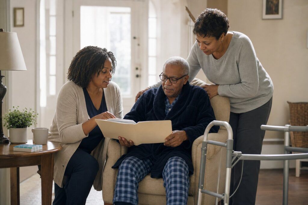 Older adult at home reviewing hospital discharge papers with family and care navigator