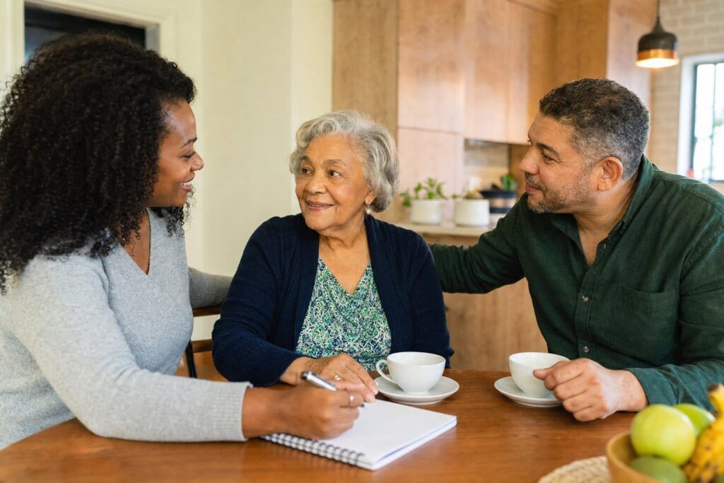 Older adult and family caregivers talking together at a kitchen table