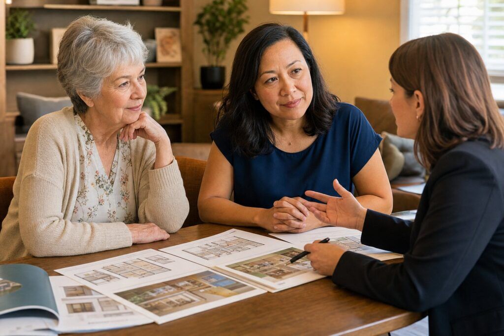 Older adult and family member discussing senior placement options with a care advisor