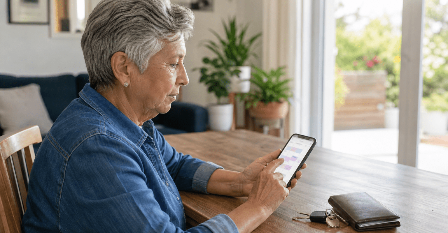 Older adult using a smartphone beside a closed wallet and car keys