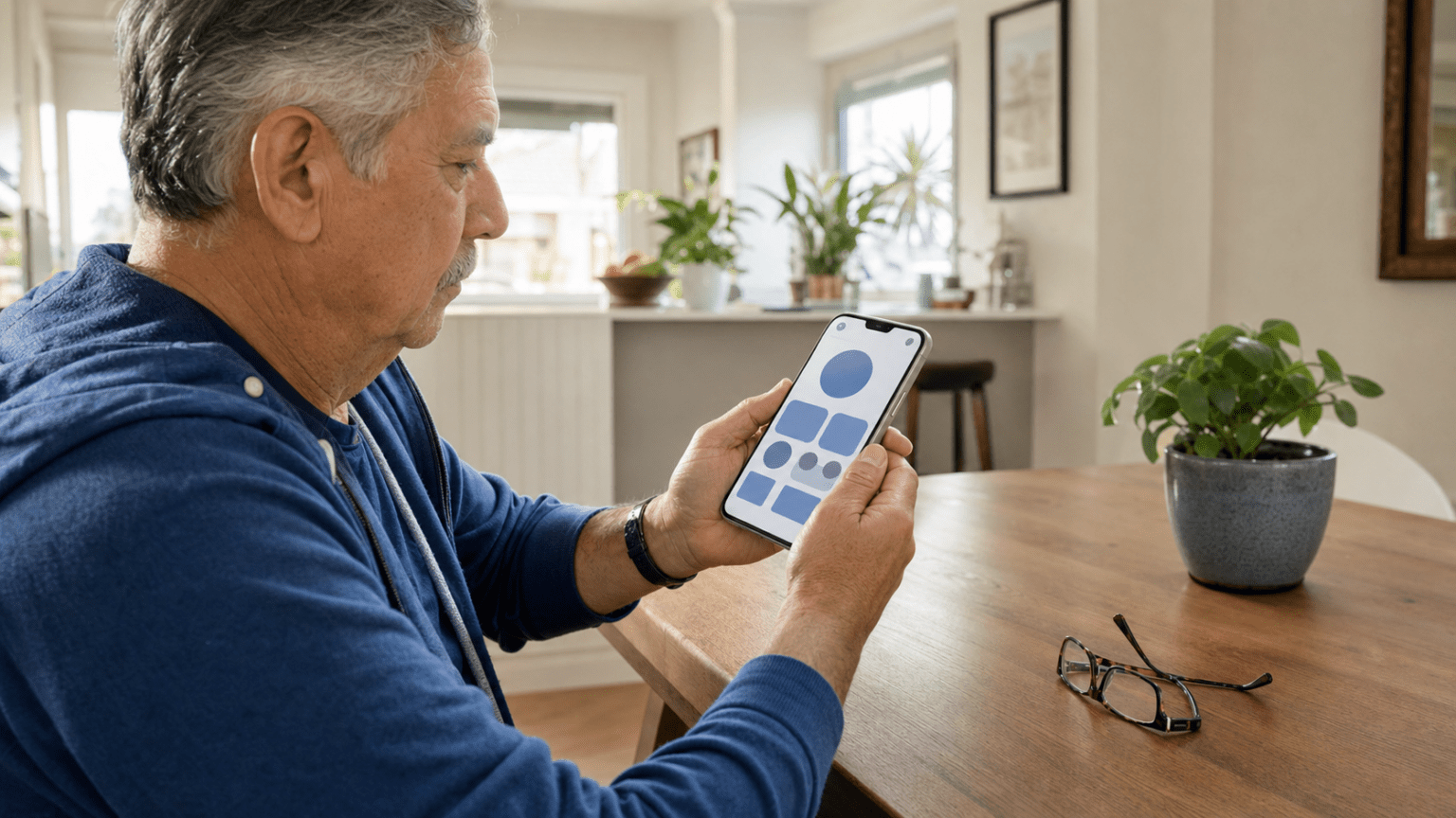 Older adult comfortably testing larger text on a smartphone at home