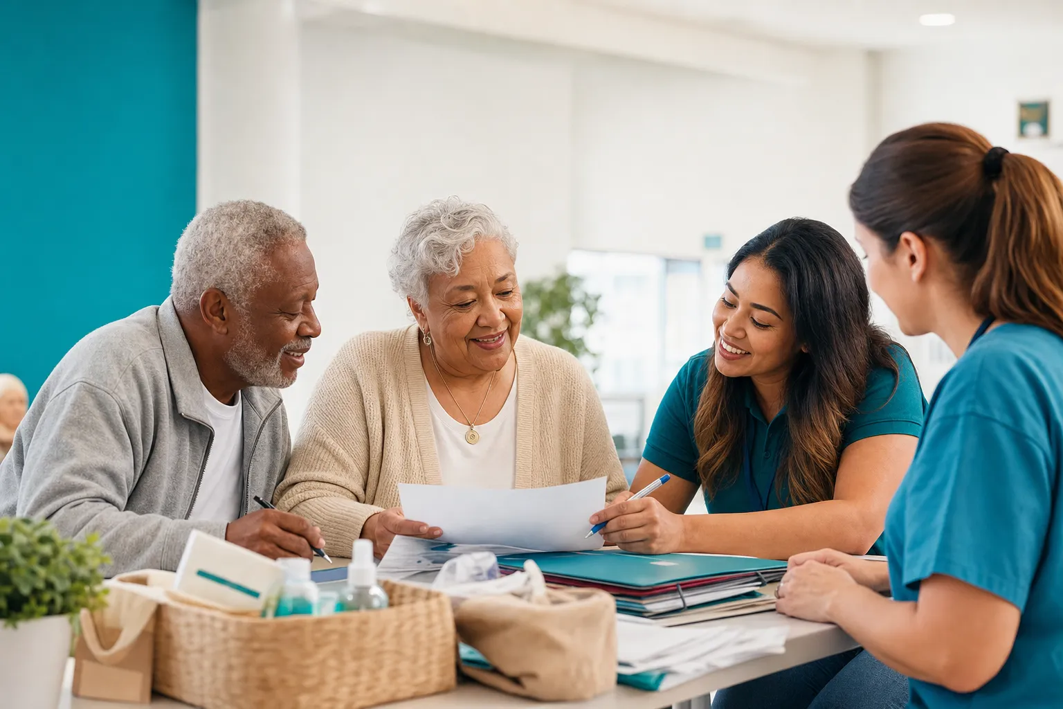 Neighbor and older adult reviewing senior support resources in Los Angeles
