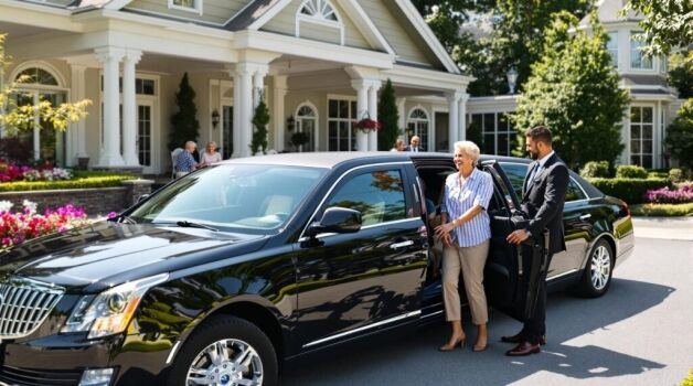Professional chauffeur assisting a senior woman entering a luxury black car in front of an elegant home, representing reliable limo services for seniors.