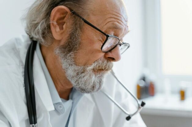 An elderly doctor wearing glasses and a stethoscope, captured in a thoughtful profile shot.