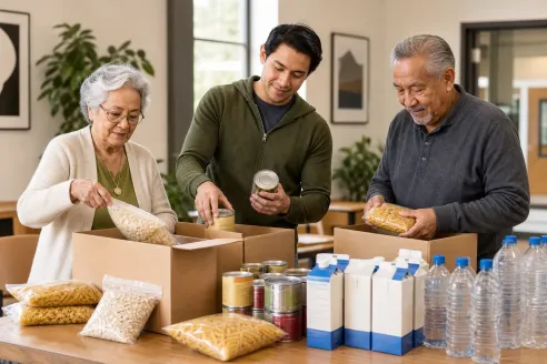 Older adults and a volunteer sorting unopened shelf-stable food donations in a bright Los Angeles community room.