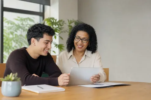 An adult student reviewing a placement plan with a career pathways advisor