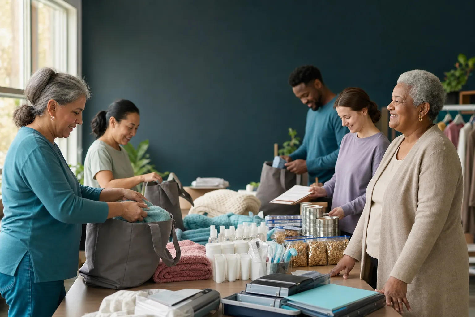 Unopened senior care supplies organized for a call-first donation conversation in Los Angeles.