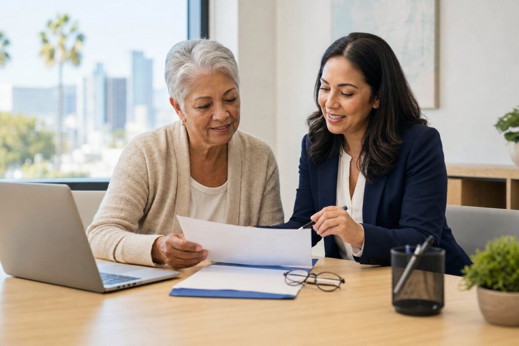 Older adult and support navigator reviewing benefit forms at a desk