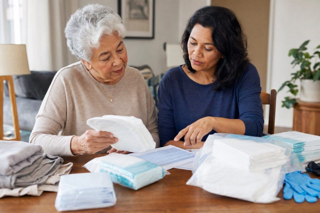 Older adult and caregiver reviewing neatly organized medical supplies at home